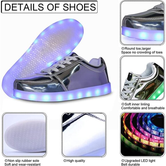 ⚡Unisex Silver Light Up Shoes with USB Charging Glowing Luminous LED Sneakers - Picture 2 of 6
